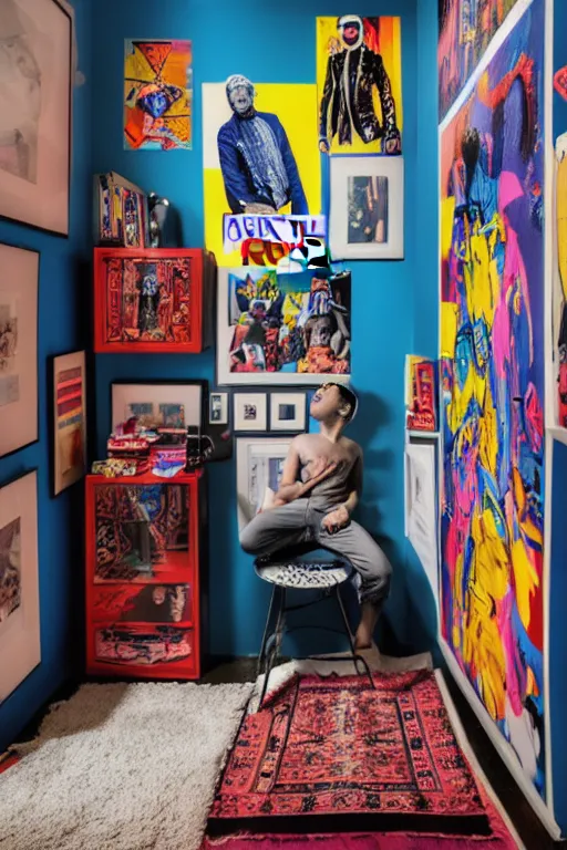 Image similar to darker boy room with full of pop art poster, and scattered clothes, photorealistic, smooth, 4 k, aesthetic lighting, baroque object, sharp focus, hyperdetailed, professional photography, pullitzer winning, photo by : canon eos 5 d mark iv, by karah mew and adnan abidi and jodie bateman