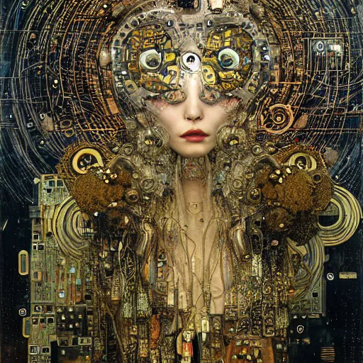 Image similar to depraved cybernetic deities trapped in circuitry, intricate detail, klimt, royo, whealan,