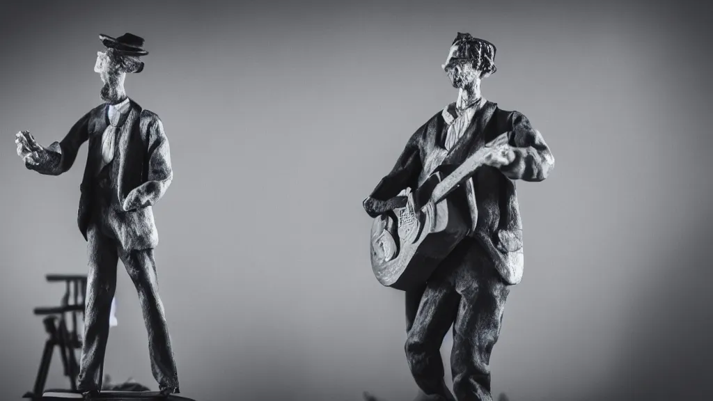 Prompt: a man performing on stage claymation depth of field 2 7 0 mm