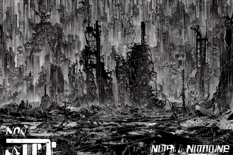 Prompt: no man's land, remnants of the human civilization, post-apocalyspe, a color illustration by Tsutomu Nihei and Katsuhiro Otomo