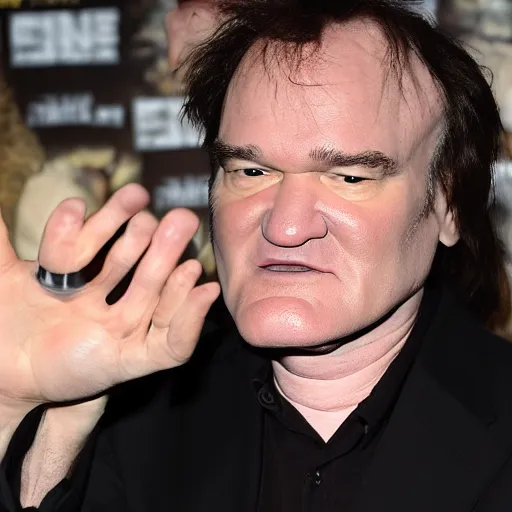 Prompt: quentin tarantino with big hairy feet outside of a hobbit hole