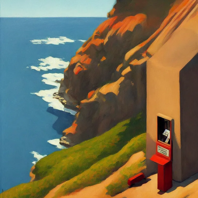 Prompt: phonebooth on a cliff, painted by Edward Hopper, painted by James Gilleard, airbrush