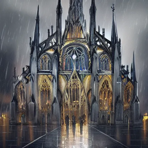 Prompt: Gothic cathedral in stormy night, rain, thunder, digital painting, concept art, artstation, 4k, by Imoko, Miho Hirano, and Hayao Miyazaki