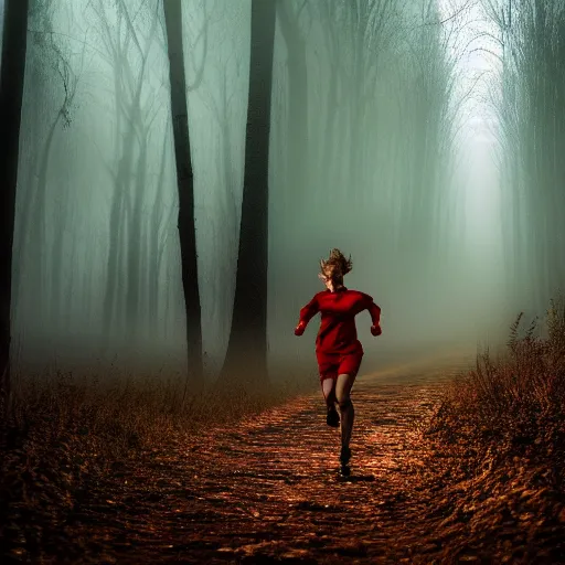 Image similar to a scary award winning photo of a woman spirit running in the night in a forest, volumetric light effect