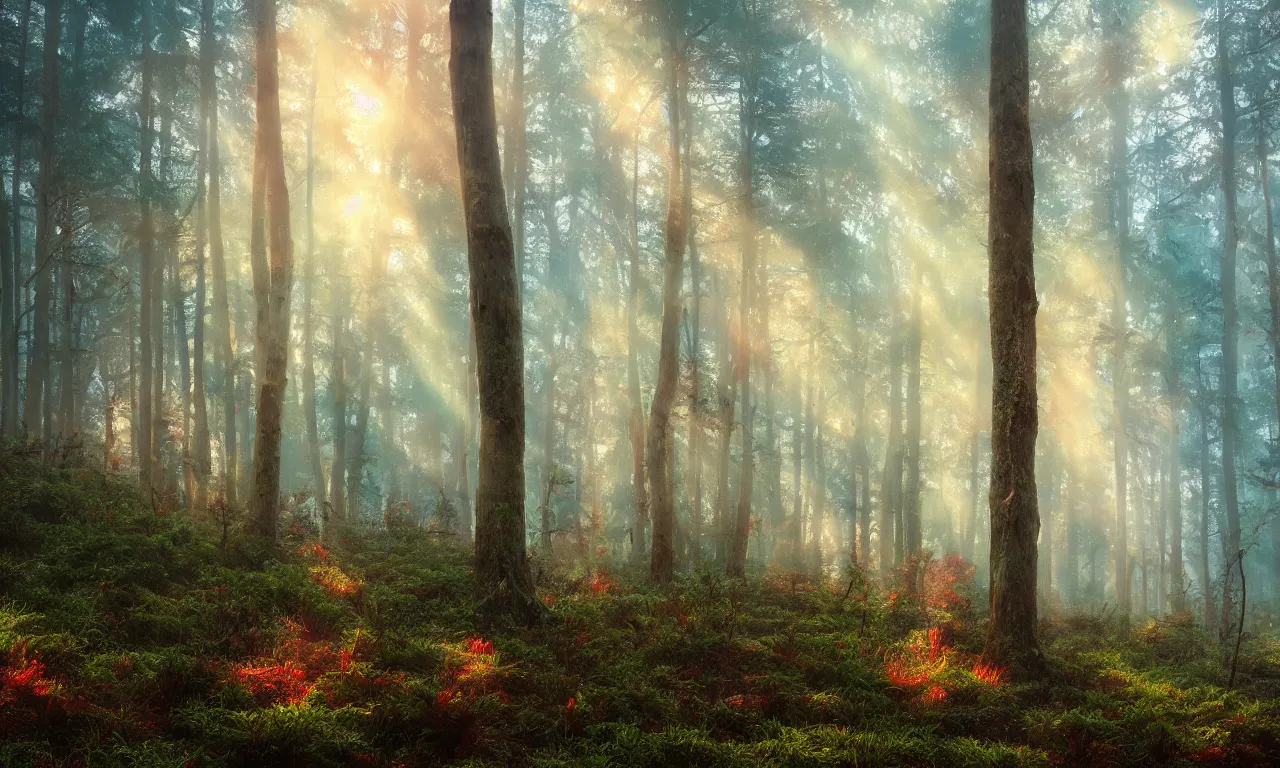 Prompt: misty pine forest floor, mystical, amanita muscaria mushrooms dripping with mist, firefly's swarming, sun shining through the tree canopy, dreamy colors, photorealistic, landscape photography, beautiful, 4 k, trending on artstation, serene, bliss