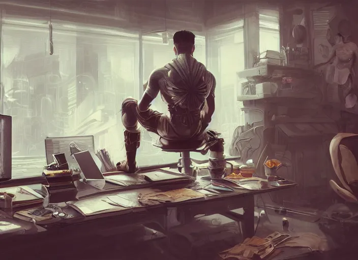 Prompt: an insanely detailed painting of an asian man wearing a homemade superhero costume, sitting at a desk, staring seriously at the computer and typing, in the style of peter mohrbacher, james jean, dramatic lighting and composition, surreal background, octane render, pixar, trending on artstation, concept art, comic book, view from behind, 8 k