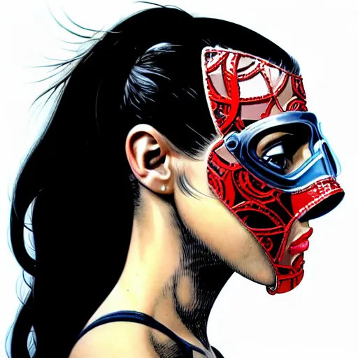 Image similar to a profile photo of a european woman with a diving mask with side profile blood in ocean intricate details by MARVEL comics and Sandra Chevrier-C