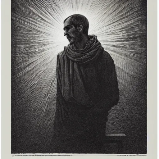 Prompt: portrait of steve jobs dramatic lighting by gustave dore and giger, museum print from copper plate etching, artstation