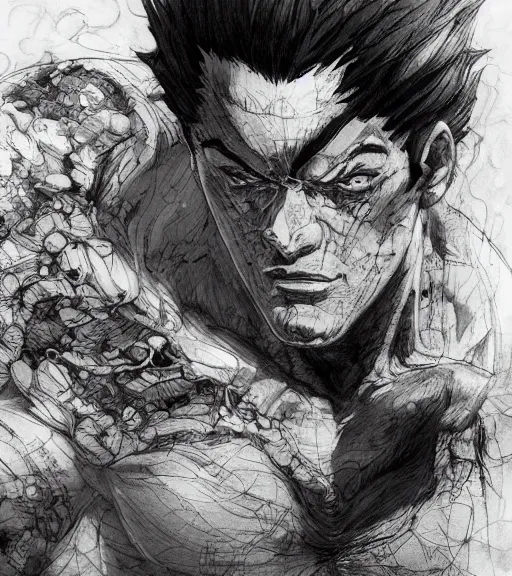 Prompt: portrait of anime baki the grappler in shorts, pen and ink, intricate line drawings, by craig mullins, ruan jia, kentaro miura, greg rutkowski, loundraw