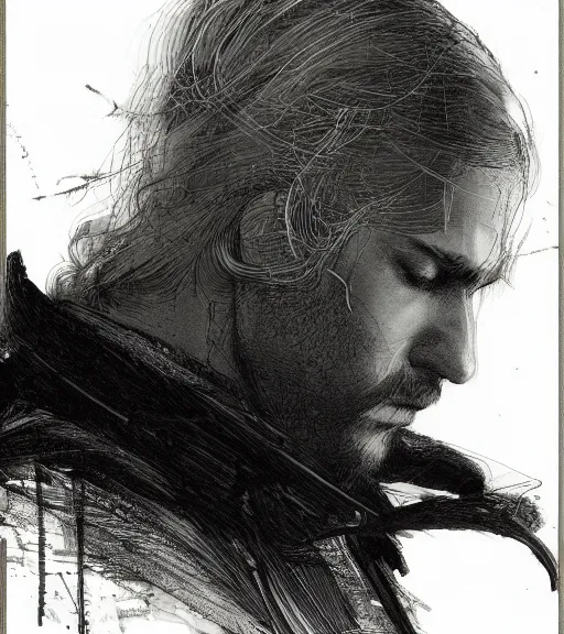 Image similar to portrait of man with blond ponytail hair wearing black robes, pen and ink, intricate line drawings, by craig mullins, ruan jia, kentaro miura, greg rutkowski, loundraw