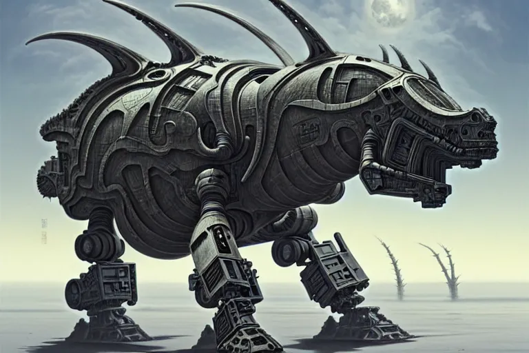 Image similar to triceratops in a cyborg mech suit, by alexandre ferra, zezhou chen, peter gric, mohamed reda and hr giger, hyper detailed, screen print, character concept art, hyperrealism, coherent, cgsociety, zbrush central, behance hd, hypermaximalist