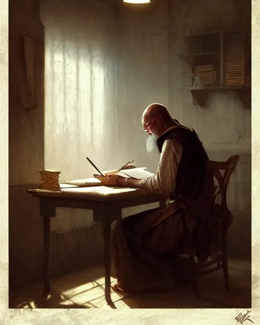 Prompt: old scribe writing a letter in a small dusty room | | realistic shaded, fine details, realistic shaded lighting poster by greg rutkowski, magali villeneuve, artgerm, jeremy lipkin and michael garmash and rob rey