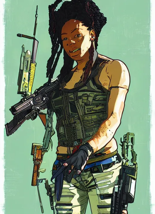 Image similar to maria igwe. cyberpunk mercenary in combat vest. portrait illustration, pop art, splash painting, art by geof darrow, ashley wood, alphonse mucha, makoto shinkai