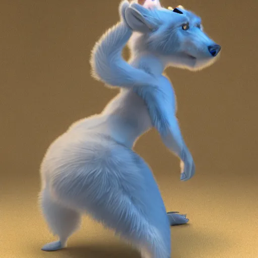 Prompt: 3 d render, well toned, large and tall, female anthropomorphic wolf, blue fur and scales with white spots and wings on her back, icey blue dress, furr covering her chest.