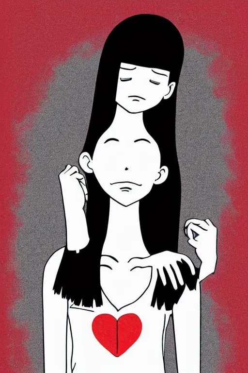 Image similar to portrait of a girl in long pants and a top, hands in pockets, eyes closed, red color heart shaped tattoo on the right hand, bob haircut, digital art, black and white, minimalistic illustration by junji ito and kaoru mori