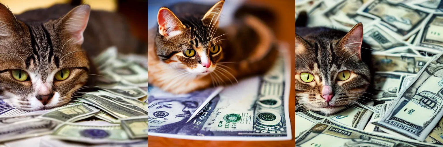 Prompt: cat relaxing on a pile of money on a table, dslr, f3.5