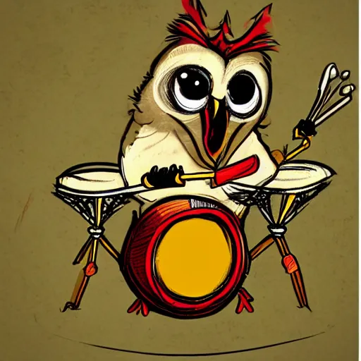 Image similar to concept art of an angry owl playing drums