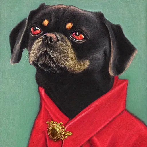 Image similar to portrait of black pugalier dog wearing an elvis costume, renaissance style painting