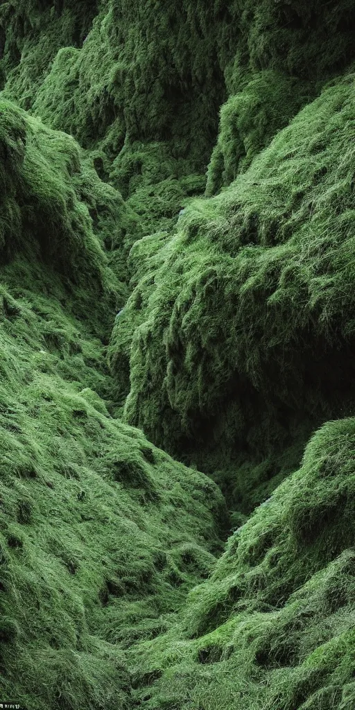 Image similar to a fertile, lush mossy canyon, minimalist structure, covered in ice, in the style of reuben wu, roger deakins