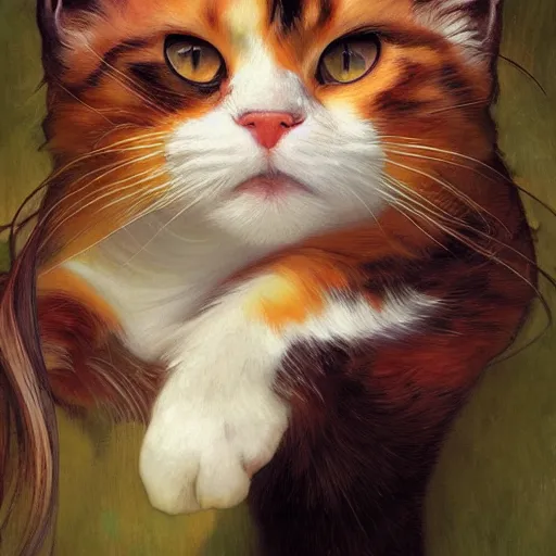 Image similar to portrait of a calico cat!!!!!!, calico cat, animal, cat masterpiece, sakimichan, Ross Tran, (((Alphonse Mucha)))