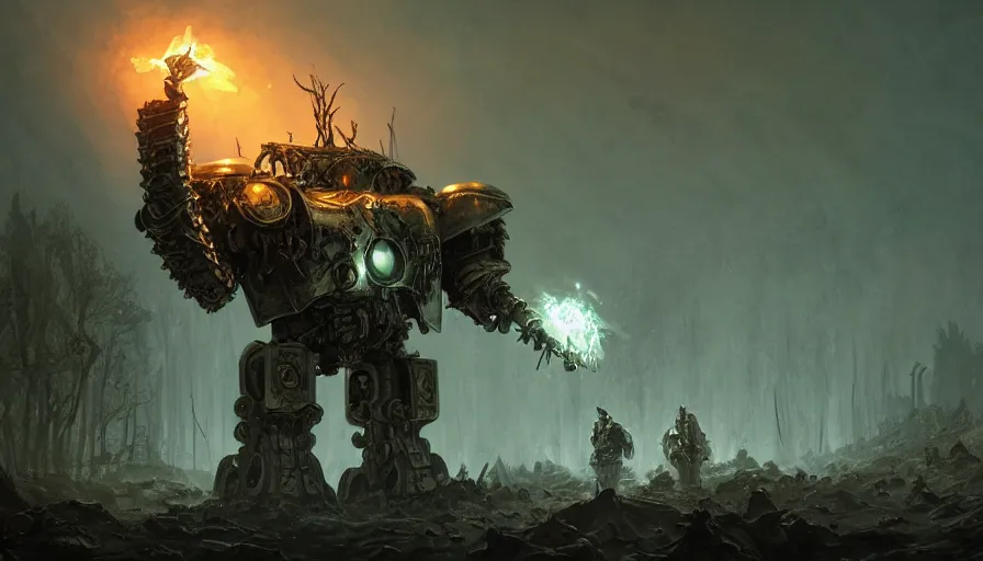 Image similar to military mech covered in armor with elden ring aesthetic, ancient metal, artifact machine, glowing lights, piloted by mysterious creatures, beautiful forests and trees, gothic castles and towers, small people with torches, intricate detail, dystopian, epic wallpaper, art by darek zabrocki and John Park and Feng Zhu and Jason Chan, trending on artstation, masterpiece.