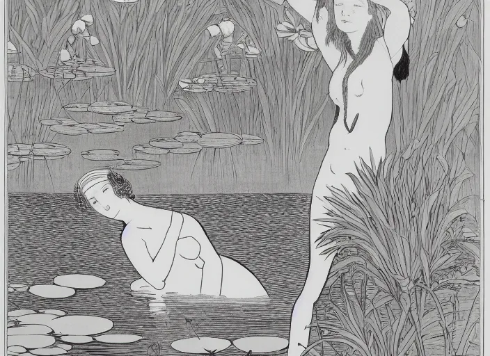 Image similar to A girl bathes in a lake where water lilies are floating, lithography by Aubrey Beardsley, High definition, detailed,