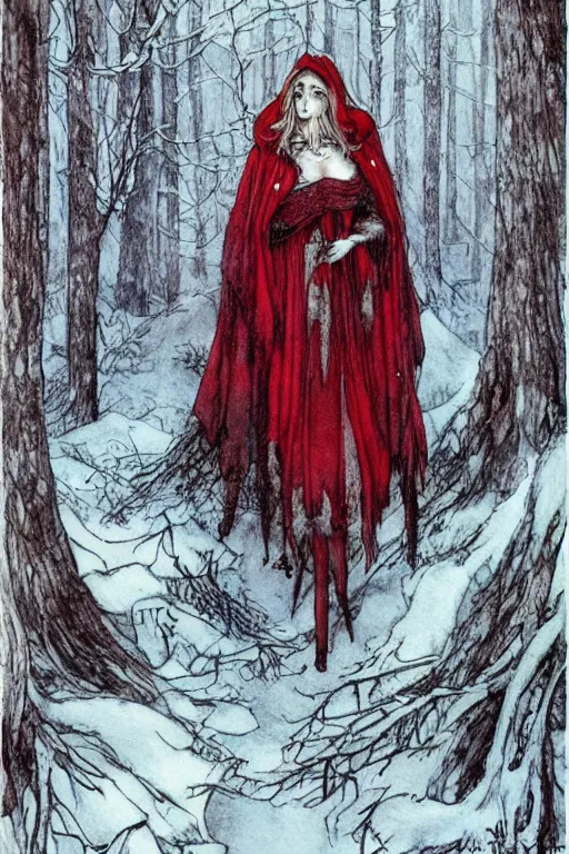 Prompt: detailed red riding hood lost in a winter forest, fantasy art, trending on artstation, fairytales, art by luis royo and walter crane and kay nielsen, watercolor illustration,