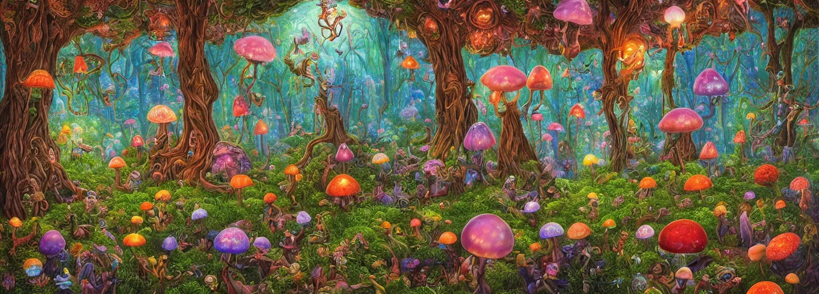 Prompt: a photorealistic highly detailed painting of a magic forest with cute beautiful flying fairies and glowing toadstools by johfra bosschart, lisa frank, ithell colquhoun, visionary art, dark fantasy art, high detail, trending on artstation