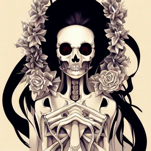 Prompt: anime manga skull portrait young woman skeleton, ghost, elegant, highly detailed, digital art, studio ghibli, art by JC Leyendecker and sachin teng