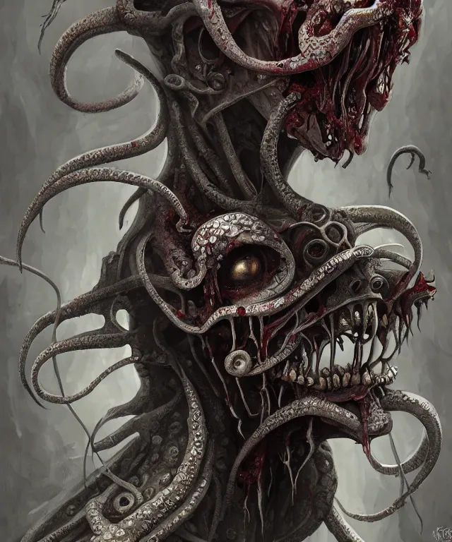 Prompt: a squid faced zombie, fantasy, intricate, elegant, highly detailed, digital painting, artstation, concept art, matte, sharp focus, illustration, art by keith thompson and christopher lane