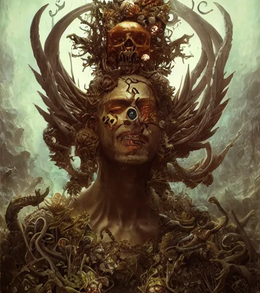 Prompt: portrait of the king of the underworld, surrounded by skulls and overgrowth by karol bak, Tomasz Alen Kopera, James Jean, tom bagshaw, rococo, trending on artstation, cinematic lighting, hyper realism, octane render, 8k, hyper detailed.