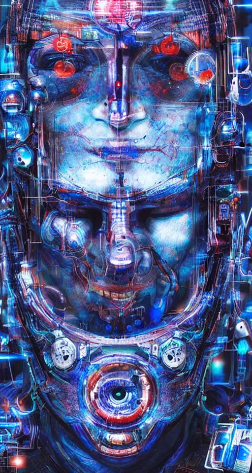 Prompt: humanoid machine with blue skin and red eyes in a spiritual psychedelic world with super powerful and intelligent machines, cyberpunk art cosmic distopic