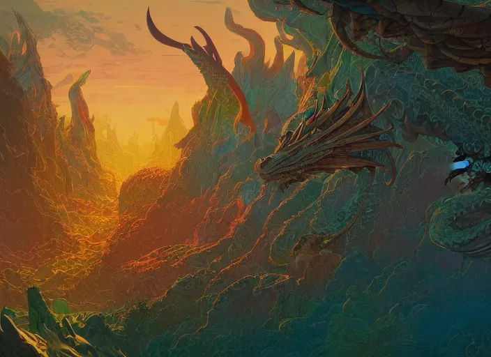 Image similar to psychedelic concept art of a dragon landscape made of thousands of dragons, cel shaded, in the style of makoto shinkai and moebius and peter mohrbacher and anton fadeev