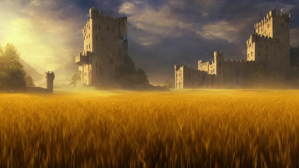 Prompt: towerhouse castle in fields of golden wheat, sunny mid day, Game of Thrones, volumetric lighting, fantasy artwork, very beautiful scenery, very realistic painting effect, hd, hdr, cinematic 4k wallpaper, 8k, ultra detailed, high resolution, artstation