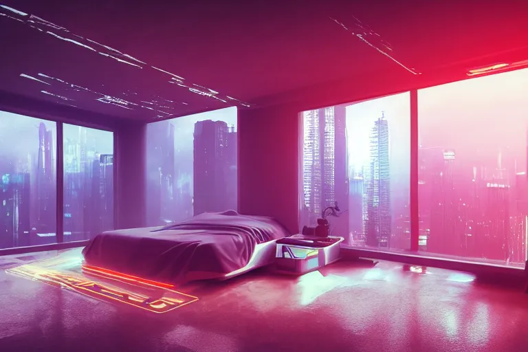 Prompt: futuristic bedroom, brutalist, ceiling high windows, cyberpunk, cityscape, neon lights, night, raining, volumetric light