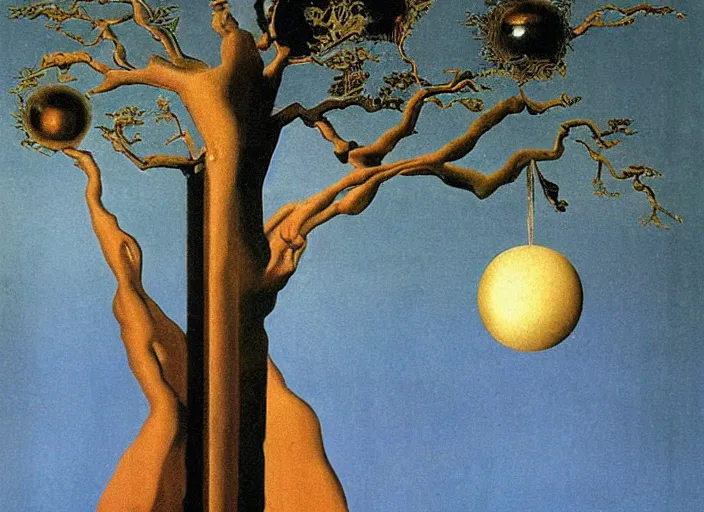 Image similar to non - euclidean pagan ancient god statue on a spherical tree by salvadore dali and rene magritte
