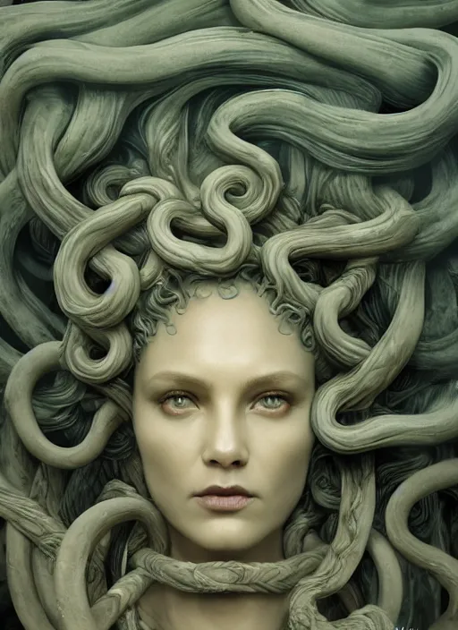 Image similar to medusa made of soft wax, wooden art nouveau swirls, strong subsurface scattering, cables, tubes, subsurface scattering, in the style of ruan jia and pascal blanche and giger, subsurface scattering, mystical colors, rim light, dramatic lighting, 8 k, stunning scene, raytracing, octane render, trending on artstation