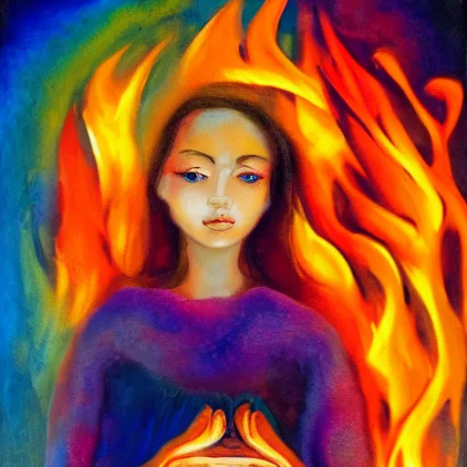 Image similar to beautiful woman cradling her child made of colorful fire by salome tatladze, elegant, colorful, loving