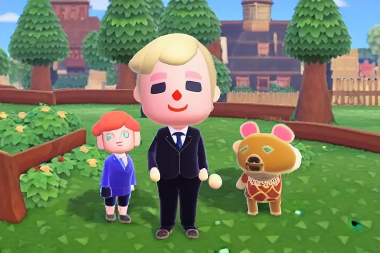 Image similar to boris johnson as an animal crossing villager. wearing a president suit