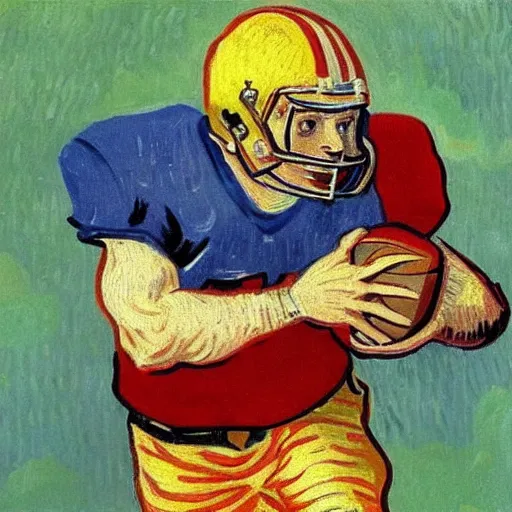 Prompt: A van Gogh style painting of an American football player