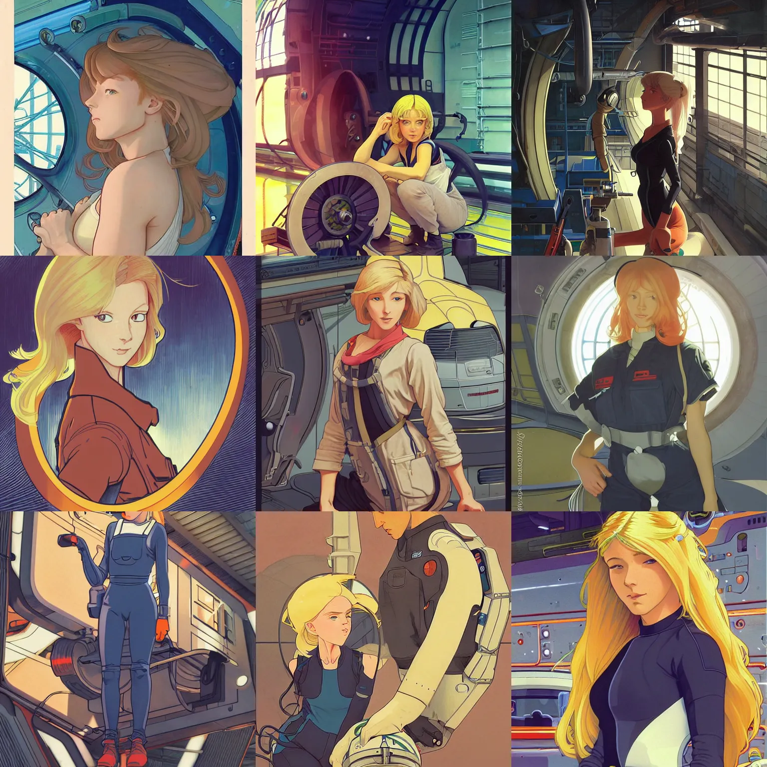 Prompt: a mechanic working in a busy starship hanger, retrofuturism, finely illustrated face, long blonde hair, bodysuit, highly detailed, colored pencil, studio ghibli, tankobon, in the style of ilya kuvshinov and william - adolphe bouguereau and alphonse mucha