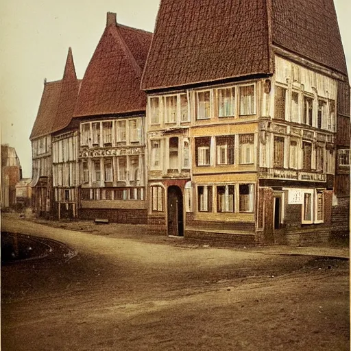 Prompt: Emil Verharn. 1900. Photo in color image. High definition. The city of Sint Amands. Symbolism on old houses.