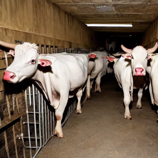 Image similar to inmates with cow heads inside a jailcell