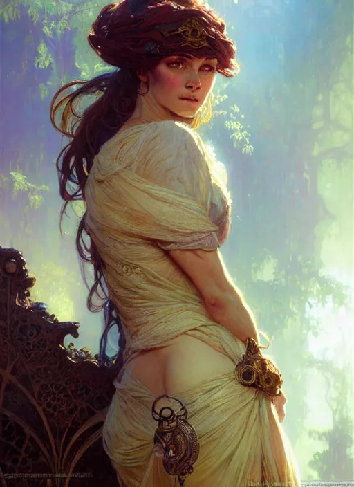 Prompt: woman modestly dressed, fantasy character portrait, ultra realistic, concept art, intricate details, highly detailed by greg rutkowski, gaston bussiere, craig mullins, in style of alphonso mucha
