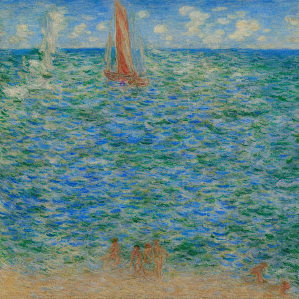 Prompt: Giant Octagonal solid glass prism containing a sunny Italian beach scene, reflecting super real highly detailed ,painted by Monet and Van Goph and Rose Maynard Barton