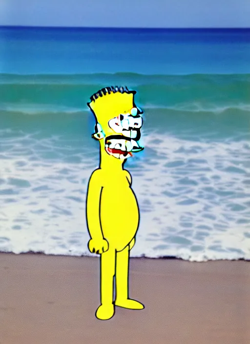 Prompt: professional photo of person looking like bart simpson, he's muscular, on the beach at noonday, blur background, high details, original simpsons cartoon style