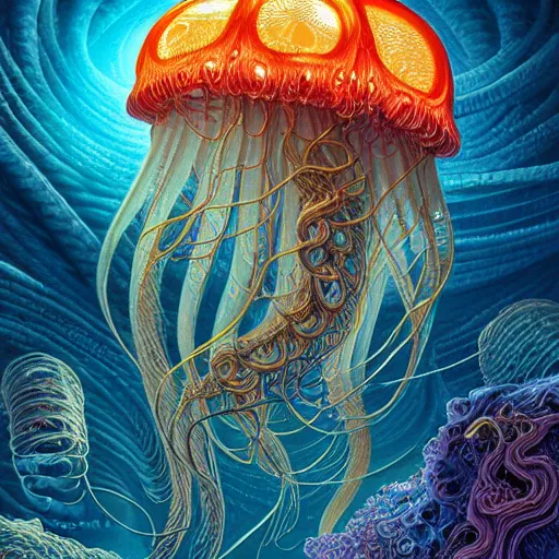 Prompt: a beautiful hyperrealistic ultradetailed comic art of gigantic glowing complex multi-layered intricate jellyfish creatures with long flowing tendrils, by Justin Gerard and Laurie Greasley and Peter Mohrbacher and Dan Mumford, tarot card art, detailed shading, vray octane, redshift. micro details, dramatic lighting, volumetric lighting, 8k