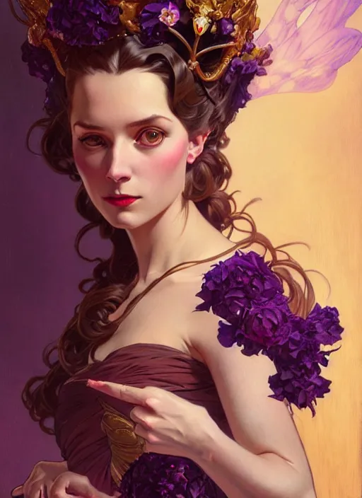 Image similar to leyendecker, brom, lovely tiger queen, portrait, long hair, crown, flowerpunk, crystal coated dark dark violet flowers, by greg rutkowski, anato finnstark, alphonse mucha, global illumination, radiant light