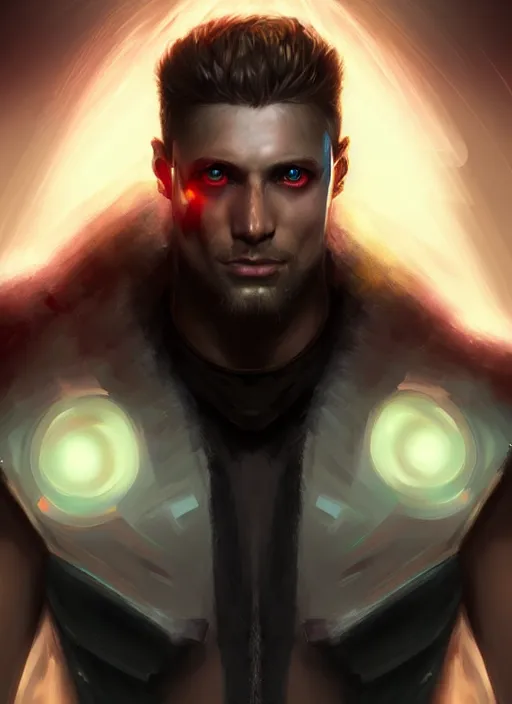 Image similar to « a portrait of a muscular cyberpunk male warrior, jesus, glowing eyes, a digital painting by charlie bowater, featured on cgsociety, fantasy art, behance hd, wiccan, artstation hd »