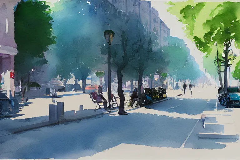 Prompt: street summer watercolor light color on artstation